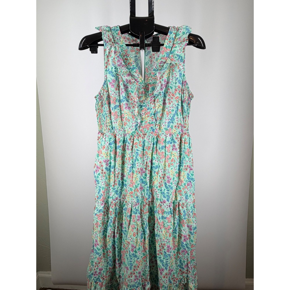 J.Crew Re-Imagined Floral Smocked Tiered Midi Dress Mint Green Cotton Size 12
